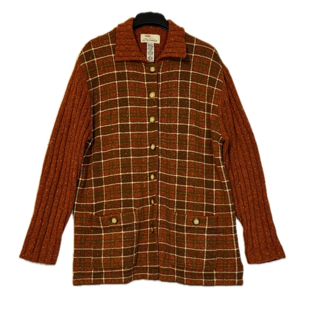 Bob Timberlake Cardigan Size XL Rust Plaid Lambswool Silk Button Front Vintage
